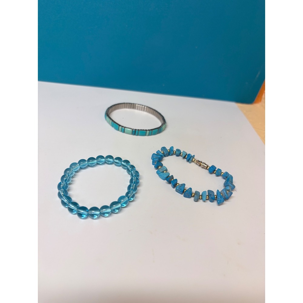 Blue‎ Turquoise Glass Bead Chip Stone Expansion Bracelet Set 3 Piece Boho Teal
